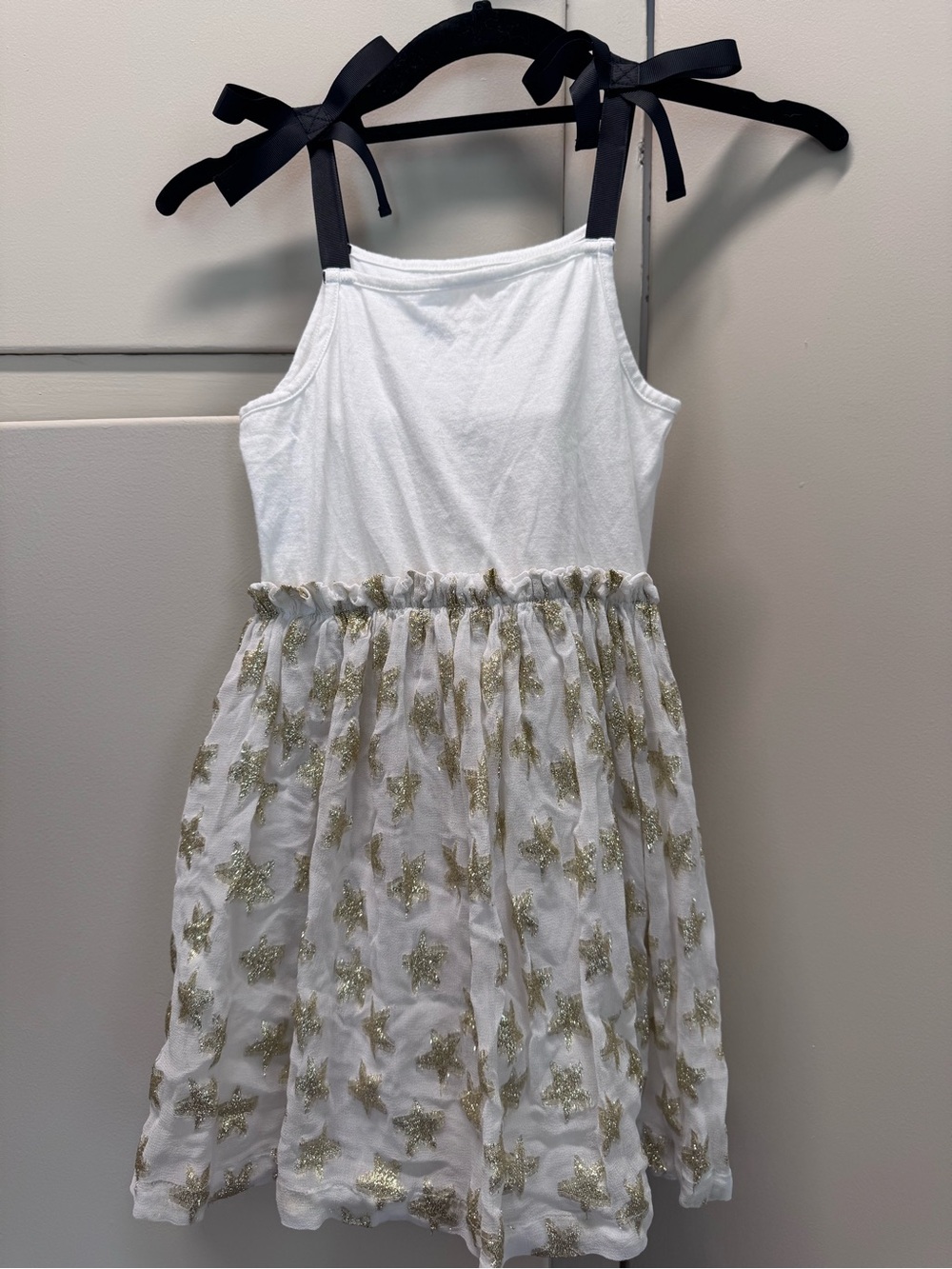 White Girls Dress with Gold Star Skirt and Tie Straps